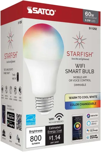 Vista 2 de Satco S11252 Starfish - Bombilla LED inteligente A19 de 9.5 vatios que cambia de color, funciona con Siri, Alexa, Google Assistant, SmartThings
