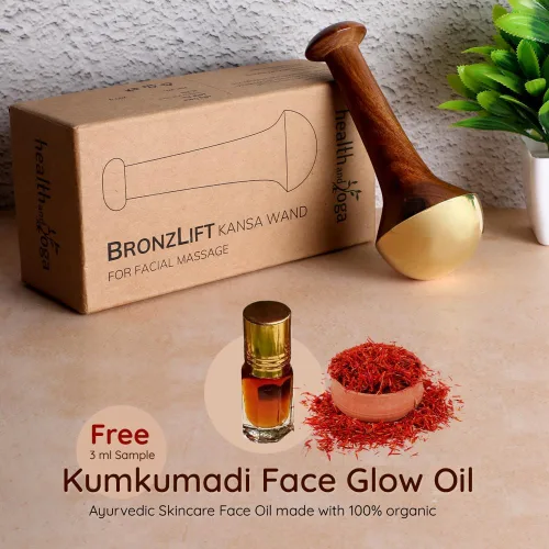 Vista 3 de SoulGenie HealthAndYoga™ BronzLift Kansa Masajeador facial y vial de prueba de aceite facial Kumkumadi - Kansa Wand Ayurveda Beneficios del bronce