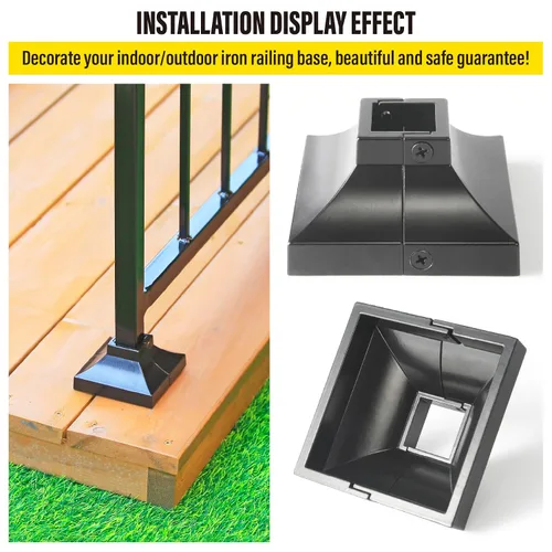 Vista 4 de 1 pieza Base de poste de cubierta de 2,5 cm de aluminio, falda de poste, pasamanos, escalera, base de barandilla de terraza y porche (negro)