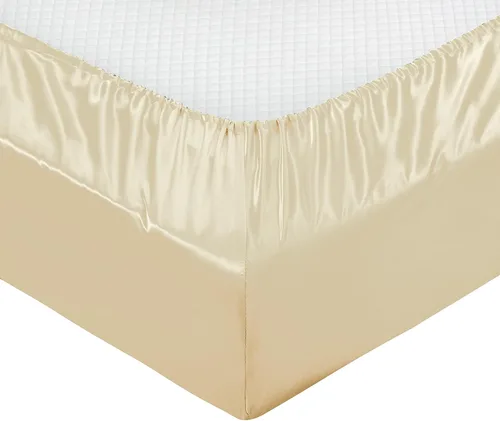 Vista 5 de Treely - Juego de 4 piezas de sábanas de satén tamaño individual sedoso y suave en color beige con bolsillo profundo, sábana bajera ajustada, sábana