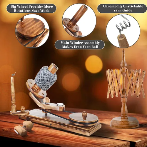 Vista 4 de Brainmart Winds - Bobinadora de bolas de hilo de madera y veloz de mesa, Winds de 8 a 12 onzas para manualidades de ganchillo y tejer, juego