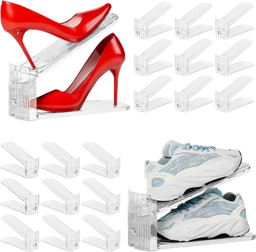 Vista 9 de Neprock Organizador de ranuras para zapatos para armario, paquete de 12 apiladores de zapatos acrílicos para un par de zapatos, 3 niveles ajustables