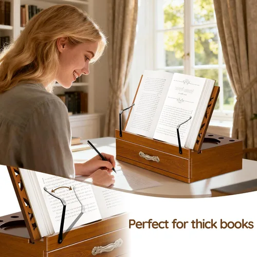Vista 6 de Soporte de madera ajustable para libros con almacenamiento, soporte multifuncional para libros, tabletas y recetas con ranura para tazas, ranura
