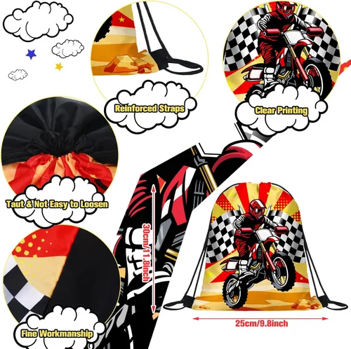 Vista 4 de Boao Paquete de 16 bolsas de regalos de motocross con cordón para fiestas temáticas de carreras, bolsas de regalos para fiestas de cumpleaños