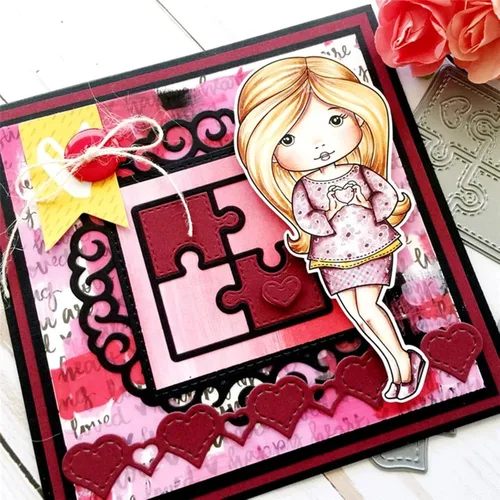 Vista 4 de Rompecabezas de metal troquelados con forma de corazón, plantillas de marco de rompecabezas cuadradas, manualidades, tarjetas, troqueles de corte