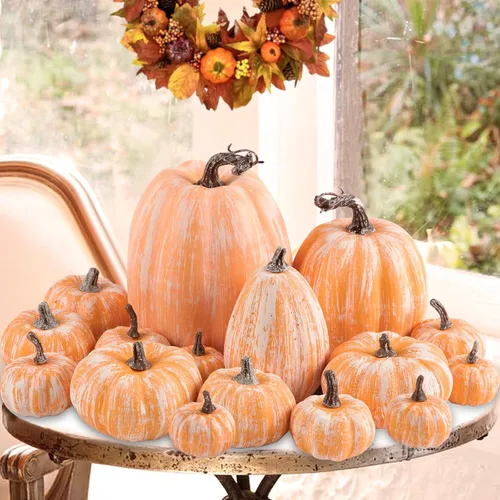 Vista 9 de Ywlake 16 piezas de calabazas de otoño, decorativas grandes y pequeñas para exteriores, de espuma naranja, de plástico, falsas, calabazas
