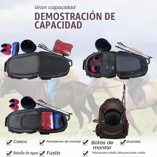 Vista 5 de WOLT Mochila ecuestre profesional para equitación, bolsa de equipo con soporte para casco y múltiples compartimentos