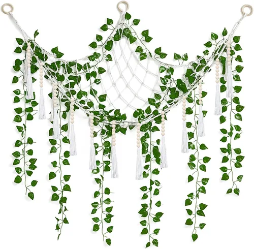 Vista 8 de Suncalla Hamaca de red de almacenamiento de juguetes de peluche grande, 8 piezas, con enredaderas falsas, guirnalda de hiedra artificial, decoración