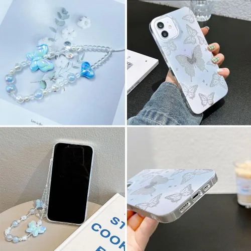 Vista 7 de Abbery - Funda diseñada para iPhone 12/12 Pro con purpurina, transparente y linda con diseño de mariposa, correa para la muñeca, brillante