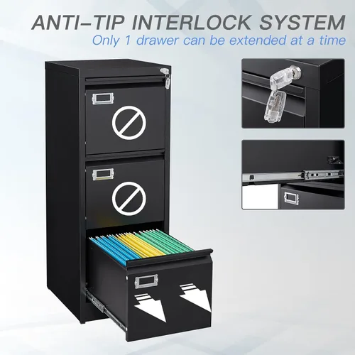 Vista 4 de Yizosh Archivador negro de 3 cajones con cerradura, archivadores para oficina en casa, gabinetes de almacenamiento de archivos de oficina