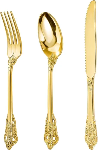 Vista 13 de bUCLA 600 cubiertos de plástico dorado – Utensilios dorados desechables – Juego de cubiertos de plástico resistente – 200 tenedores, 200 cucharas