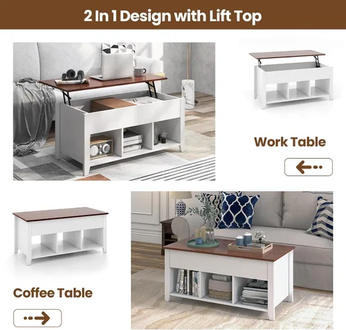 Vista 7 de GOFLAME Mesa auxiliar elevable, mesa central con mesa elevadora, compartimento oculto, 3 estantes abiertos, patas medias, almohadillas