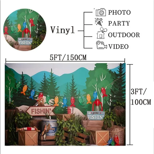 Vista 5 de Fondo de fotografía de pesca con plantas verdes bosque, para niños, fiesta de cumpleaños, pastel, retrato para baby shower, fiesta, accesorios