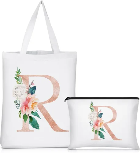 Vista 16 de Sanwuta 2 bolsas de lona con inicial, diseño floral con letras florales, bolsas de cosméticos de viaje, bolsas con monograma para mujer, mujer