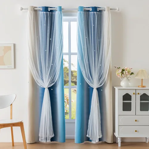 Vista 12 de Anytime - Cortinas para dormitorio de niñas con estrella hueca, cortinas opacas para habitación de niños, cortinas largas para oscurecer