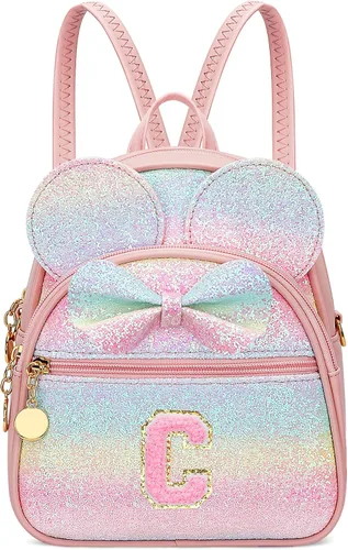 Vista 19 de KKXIU Mochilas Mini con Moño Inicial para Niñas y Mujeres, Linda Mochila Pequeña con Asa de Bolso, Regalos Personalizados para Niños, Arcoíris