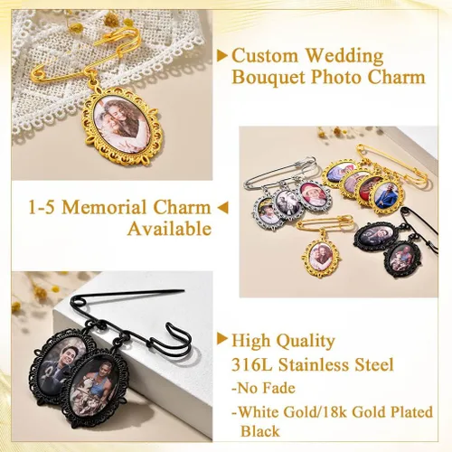 Vista 5 de Custom4U Abalorios de fotos de ramo de boda personalizados con 1 a 4 fotos conmemorativas Boutonniere para novia o recuerdo funerario para madre