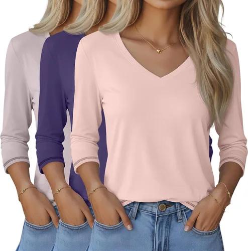Vista 11 de Ficerd Paquete de 3 camisetas de manga 3/4 para mujer, cuello en V, blusas holgadas, blusas casuales, ropa de moda 2026