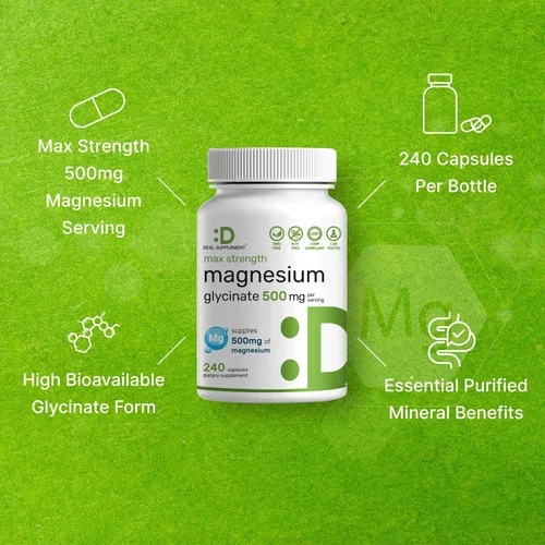 Vista 4 de Max Strength - Glicinato de magnesio de 500 mg por porción, 240 cápsulas 100% quelado para una fácil absorción Suplemento mineral esencial