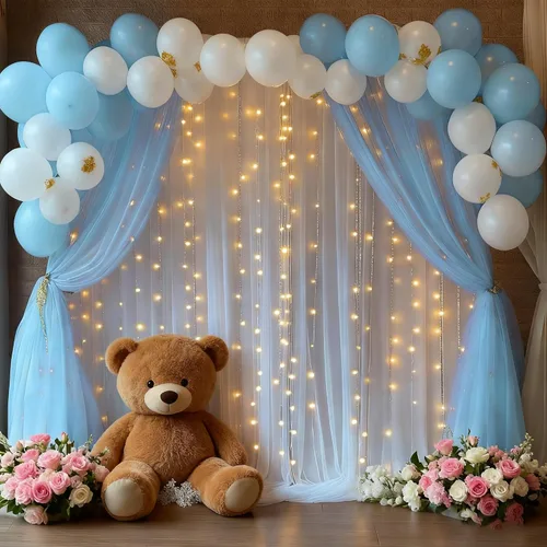 Vista 2 de Cortina de telón de fondo de tul azul bebé de 10 x 8 pies con cadena de luces para fiestas, cortinas de fondo transparentes para bodas, baby shower