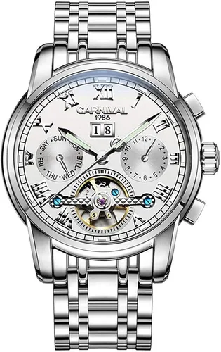 Vista 9 de Carnival Reloj mecánico automático para hombre tourbillon Relojes azules multifunción de acero inoxidable plateado Oro rosa/Negro