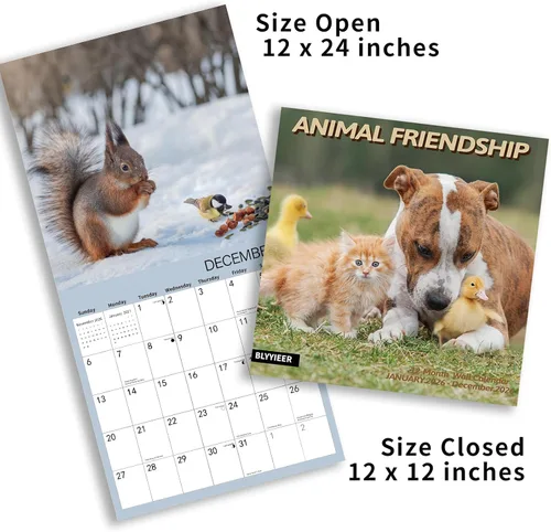 Vista 4 de Calendario de pared 2026, calendario 2026, calendario mensual de pared de amistad con animales, 12 x 24 pulgadas abierto, calendario planificador