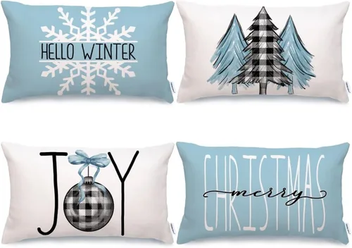 Vista 11 de GEEORY Juego de 4 fundas de almohada de Navidad de 18 x 18 pulgadas para decoraciones de Navidad, árbol de Navidad, alegría, nieve, Navidad feliz