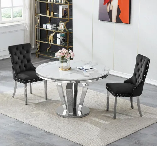 Vista 10 de Juego de mesa de comedor de mármol sintético de oro blanco de 47 pulgadas para 2, juego de mesa de comedor de cocina de 3 piezas, juego de mesa