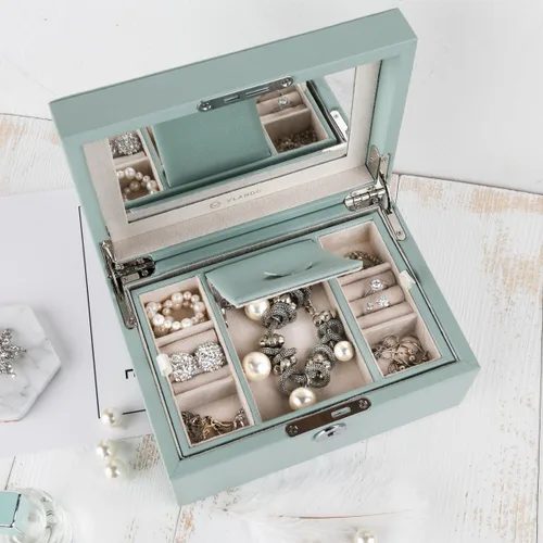 Vista 3 de Vlando Organizador retro con cerradura para joyas, collares, aretes, anillos, estuche de almacenamiento con llave, el mejor regalo para mujeres