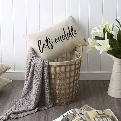 Vista 5 de Fundas de almohada de granja con cita Let's Cuddle de 12 x 20 pulgadas, decoración rústica de granja, fundas de almohada lumbar con texto en inglés