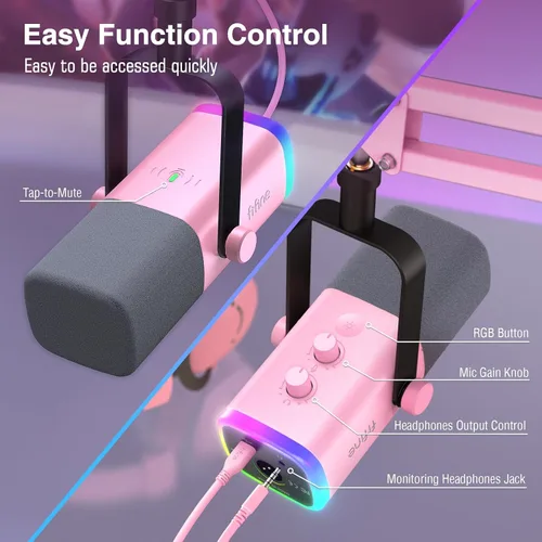 Vista 6 de FIFINE XLR Micrófono Gaming USB, Kit de Micrófono Dinámico para PC para Vocal, Grabación, Podcast, Micrófono RGB de Streaming con Conector para Rosa