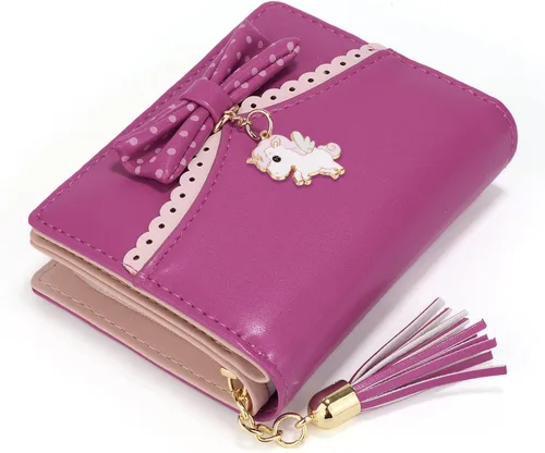 Vista 6 de UTO - Billetera para niñas de cuero vegano, lindo gato colgante, organizador de tarjetas, monedero para mujeres, Unicorn Ace Rose Pink, S