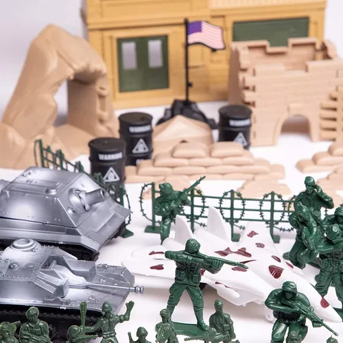Vista 3 de BLUE PANDA Juego de 300 figuras de acción del ejército con bolsa con cremallera, soldados de plástico rojo, plateado, bronceado y verde con tanques
