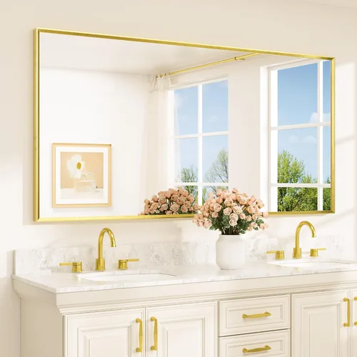 Vista 32 de TETOTE Espejo de baño dorado cepillado de 20" x 30", espejo de tocador de baño rectangular de latón dorado cepillado con marco biselado para sobre