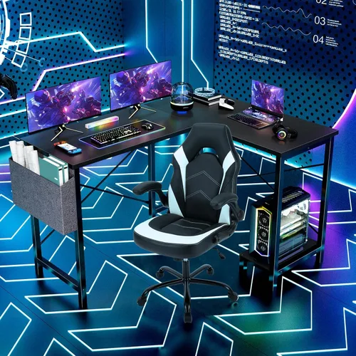 Vista 4 de Sweetcrispy Escritorio en forma de L – Escritorio de computadora, escritorio de esquina, escritorio para juegos, mesa de PC con soporte para CPU