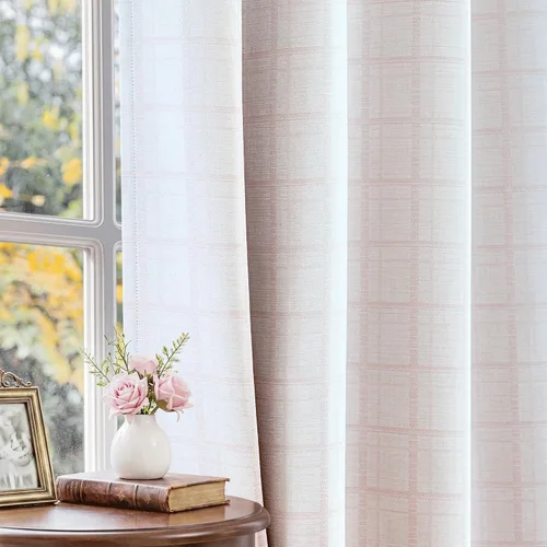 Vista 12 de Beauoop Cortinas Opacas de Jacquard a Cuadros Beige de 96 Pulgadas de Largo, 2 Paneles para Dormitorio y Sala de Estar, Cuadros Vichy