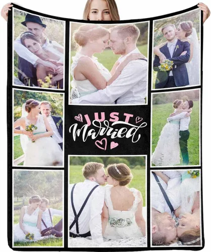 Vista 12 de Manta de fotos personalizada, manta de pareja de boda, con texto en inglés «He Asked And She Said Yes», 4 fotos, manta de boda, regalo romántico