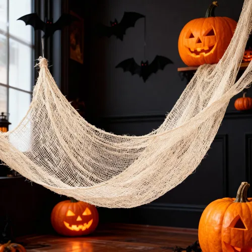 Vista 9 de Qtisky Juego de 5 telas de gasa espeluznante de Halloween, tapiz de gasa de Halloween beige para interiores y exteriores, decoraciones espeluznantes