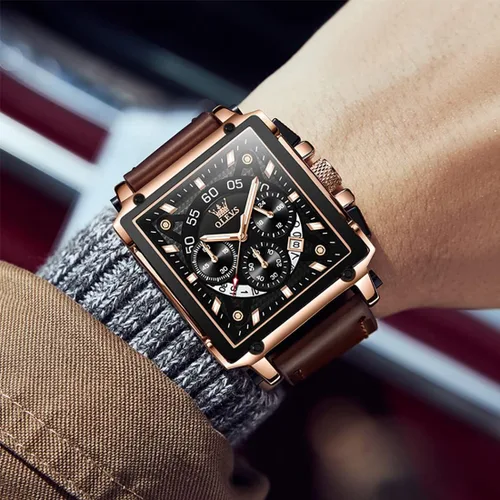 Vista 8 de OLEVS Reloj analógico de cuarzo para hombre, correa de cuero, reloj de cuarzo analógico, a la moda, esfera grande, impermeable, vestido luminoso