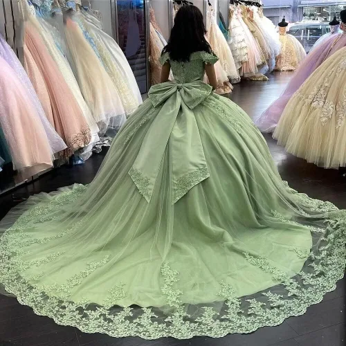 Vista 3 de PFTFB Vestidos de quinceañera con hombros descubiertos para mujer, vestidos de tul hinchados con tren, encaje y cuentas, vestido largo de baile