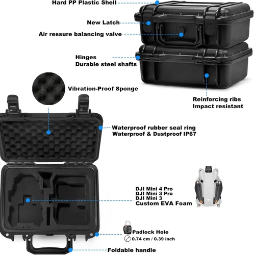 Vista 3 de Lekufee Funda rígida impermeable de viaje para DJI Mini 4 Pro/3 Pro/3 Drone y RC N3/N2/N1 y accesorios (solo funda)