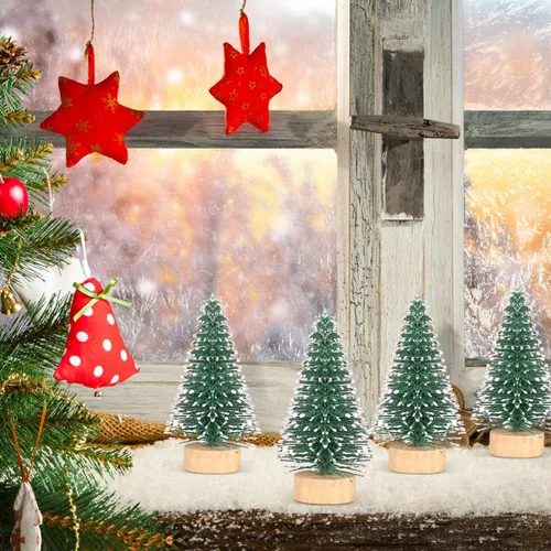 Vista 2 de SEWACC 10 mini árboles de Navidad de 2.0 in, botella de escarcha de nieve artificial con base de madera, adornos de nieve de invierno para Navidad