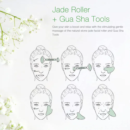 Vista 10 de NEUTRIHERBS Jade Gua Sha y rodillo facial y suero de vitamina C Set de herramientas faciales (kit 3 en 1), masajeador facial casero para arrugas