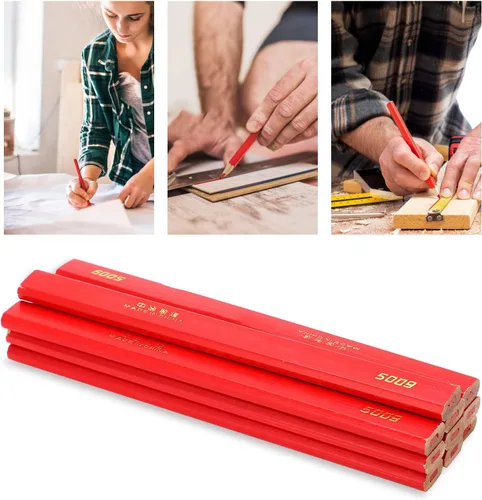Vista 2 de 10 lápices de carpintero rojos, 6.693 in, octogonal plano, lápices de construcción dura, lápiz de plomo de madera, carpintero plano de madera