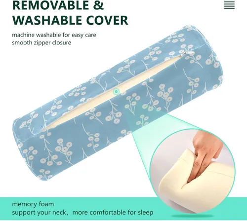 Vista 4 de Cervical Neck Roll, Blue White Flowers Round Pillow Washable Memory Foam Pillow, Bolster Pillow for Improved Sleeping, Travel, Home