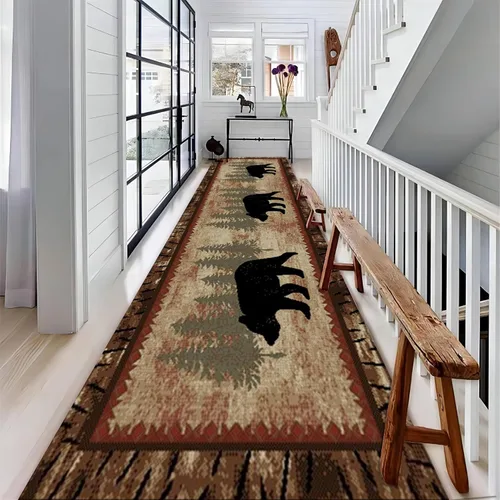 Vista 3 de Alfombras de oso para cabaña, 2 x 6 pies, alfombra de oso negro en bosque de abedules, alfombra absorbente para mascotas, alfombra de entrada de 3