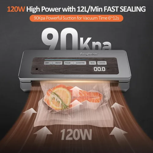 Vista 2 de Anybear Máquina selladora al vacío, 90 kPa 120 W de sellado ancho todo en 1, potente almacenamiento de alimentos, cortador integrado