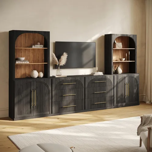 Vista 57 de BELLEZE Centro de entretenimiento modular de 4 piezas con almacenamiento, 2 vitrinas de madera moderna con gabinete arqueado y 2 armarios de puerta