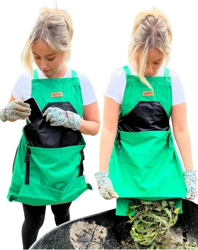 Vista 9 de Grampa's Garden - Delantal de jardinería con espalda cruzada con bolsillos para mujeres y hombres Delantal de cosecha con bolsa de canguro grande