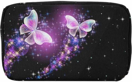 Vista 5 de InterestPrint Bolsa de almuerzo con nombre personalizado para hombres y mujeres, diseño de mariposa rosa y azul personalizada, caja de almuerzo